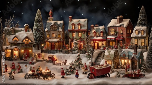 a christmas village with a red truck and lots of lights. generative ai