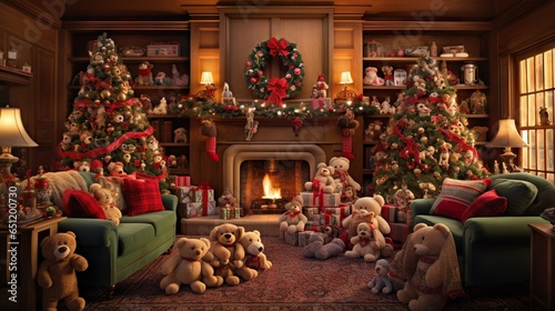  a living room decorated for christmas with teddy bears and christmas trees. generative ai