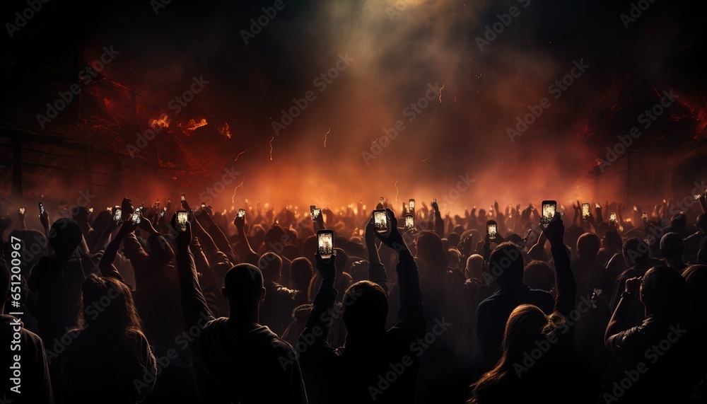 Group of people holding lighters and mobile phones at a concert, crowd of people silhouettes with raised hands. Dark background, smoke, spotlights. Bright lights