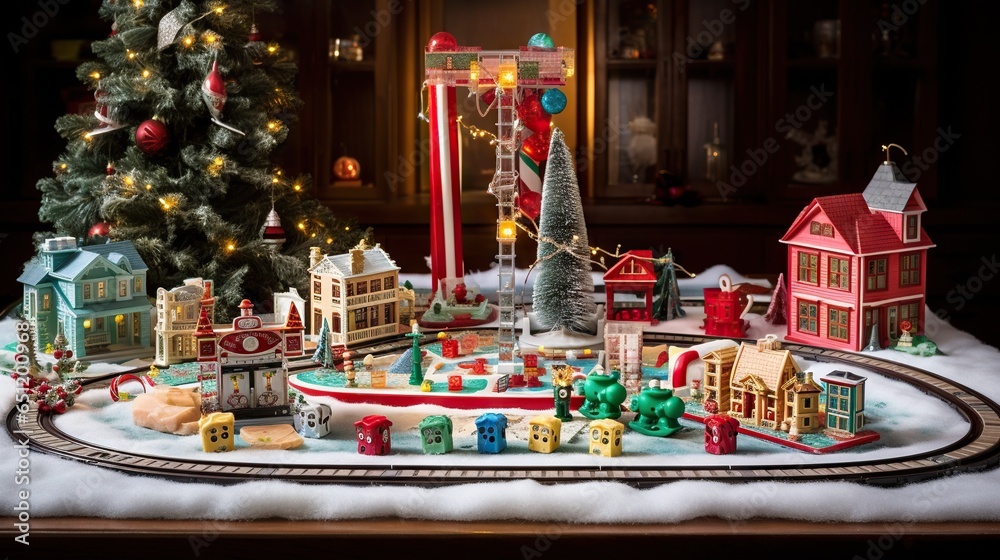 a christmas display with a train set and a christmas tree. generative ai a christmas display with a train set and a christmas tree. generative ai