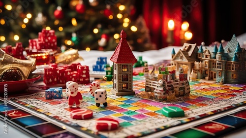  a close up of a board game with a christmas tree in the background.  generative ai