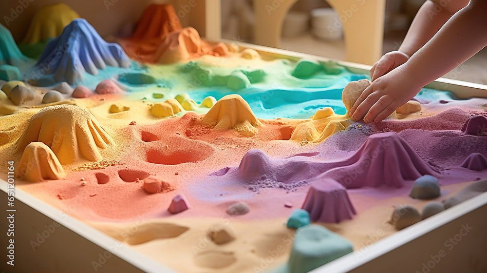 Cute Colorful Sandbox for Toddler Playing with Sand Molds and Making Mudpies - obrazy, fototapety, plakaty 