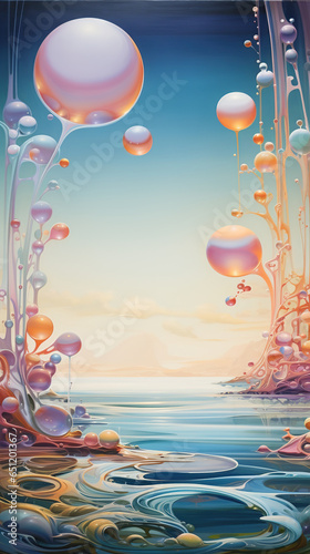 Sweet Magical Seascape with Surrealism Waves and Decorative Bubbles, Like a Dream photo