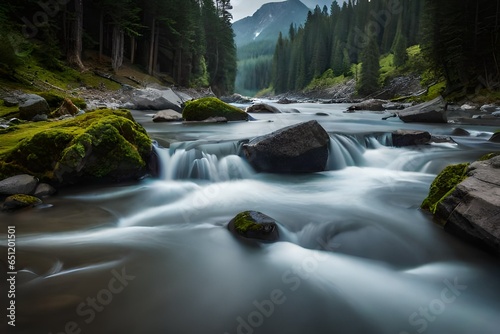 Long exposition shot of a river with a silk effect on the water and crisp focus on the rocks and background.