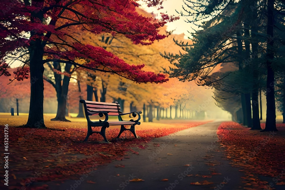 A lonely crimson bench in an autumnal park.