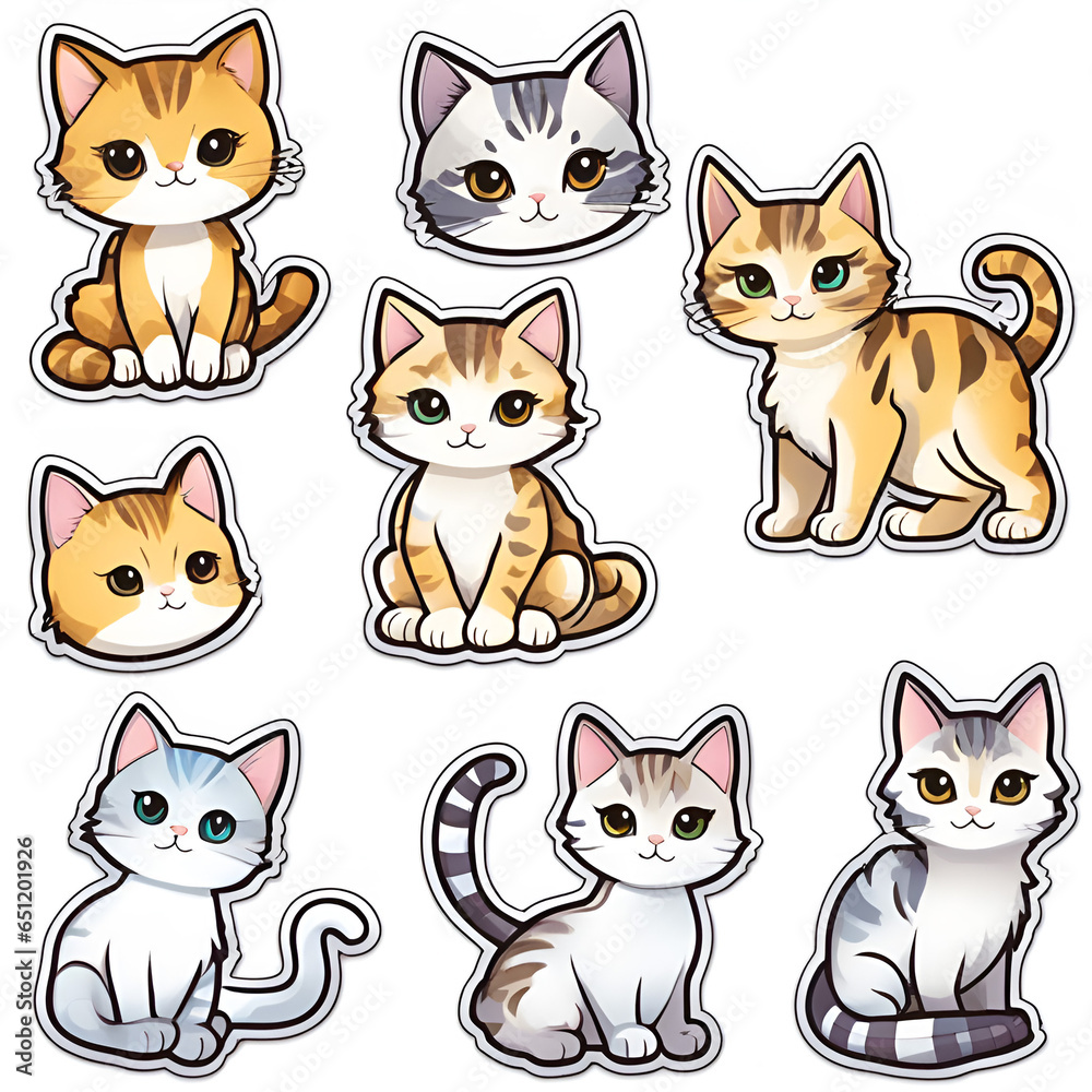 Set of cute cat stickers on white background, created with Generative AI technology	