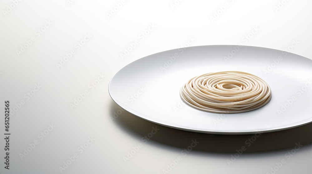 a white plate with a spiral of pasta on it on a white table. generative ai a white plate with a spiral of pasta on it on a white table. generative ai