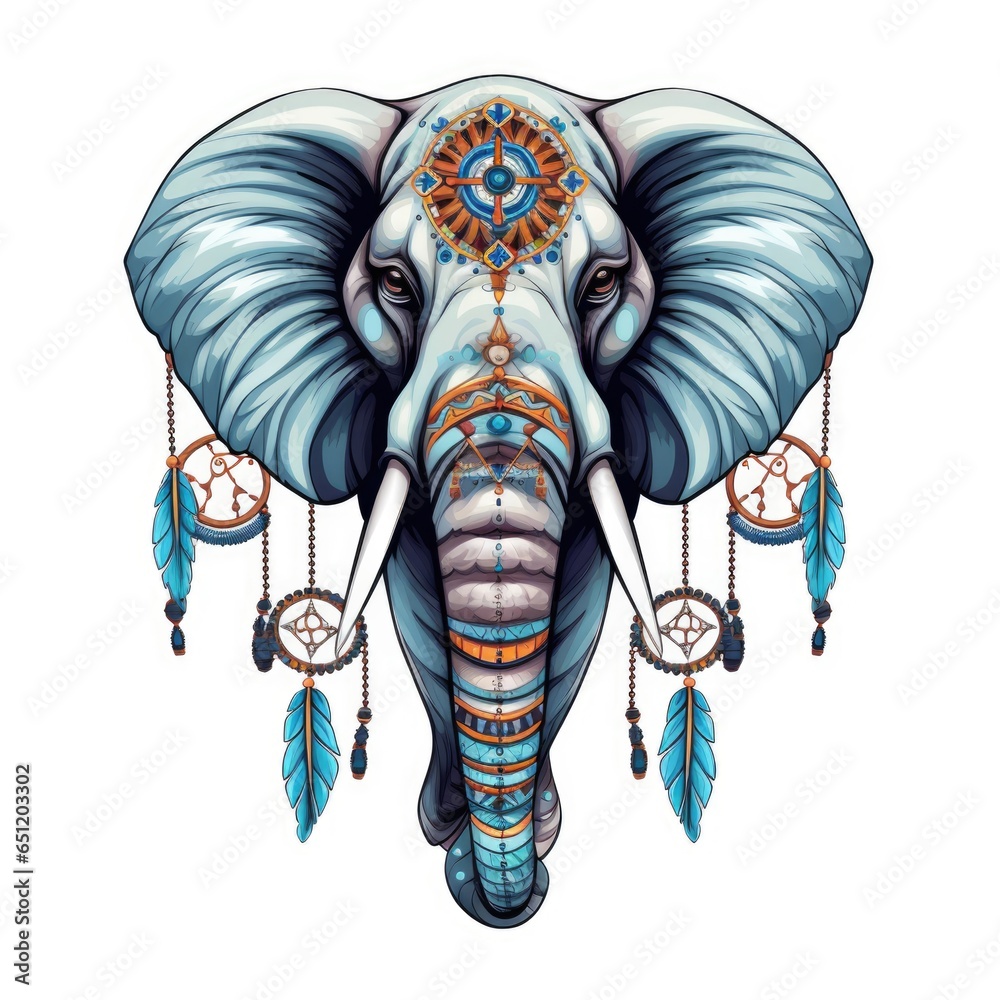 Obraz premium An elephant with a dream catcher elements. Digital art. Tribal-inspired design.