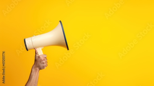 Hand of man holding megaphone over isolated on Yellow background.