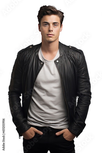 Handsome College Boy in Sleek Leather Jacket, Tall and Well-Proportioned, Exudes Balanced Lifestyle, Rugged Charm and Confident Smile Define Allure, Isolated on White Background