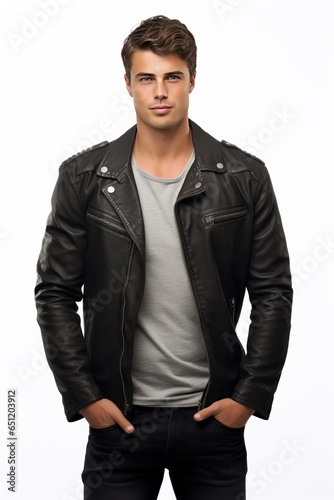 Handsome College Boy in Sleek Leather Jacket, Tall and Well-Proportioned, Exudes Balanced Lifestyle, Rugged Charm and Confident Smile Define Allure, Isolated on White Background