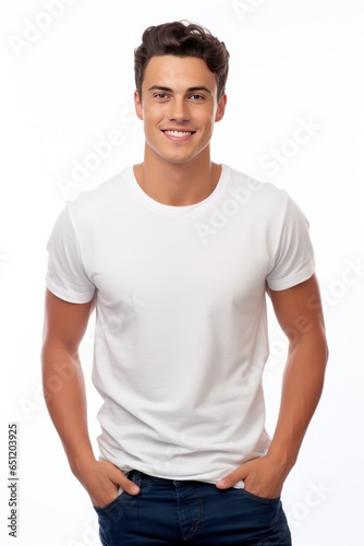 Handsome College Boy with Captivating Aura, Well-Proportioned Frame, Casual Tee and Jeans Reflect Relaxed Style, Approachable Demeanor and Engaging Smile Invite Connection