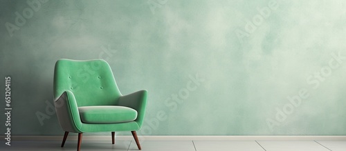 Contemporary designer armchair with a green shade on a isolated pastel background Copy space