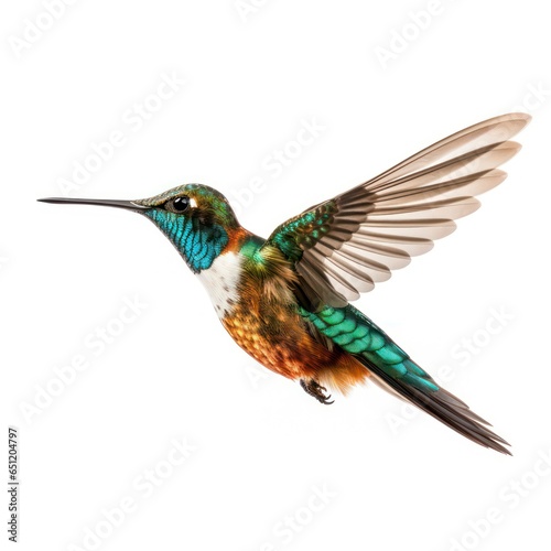 Hummingbird in Dynamic Flight, Wings in Motion, Frozen Moment Isolated on White background