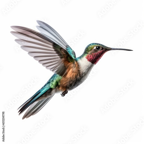 Hummingbird in Dynamic Flight, Wings in Motion, Frozen Moment Isolated on White background