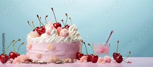 Colorful towel underneath a birthday cake topped with whipped cream cherries and white chocolate shavings isolated pastel background Copy space