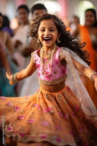 Joyful 8-Year-Old Indian Girl in Floral Lehenga-Choli at Wedding Dance