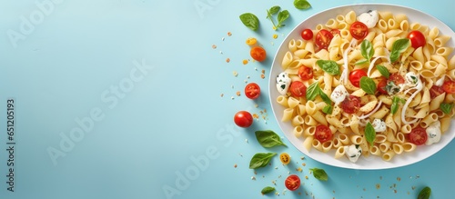 Delicious pasta salad featuring basil and fresh tomatoes against a isolated pastel background Copy space