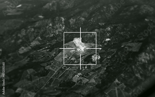 Quadro su tela Satellite, bomb and aerial target of missile on map for war, international conflict and military