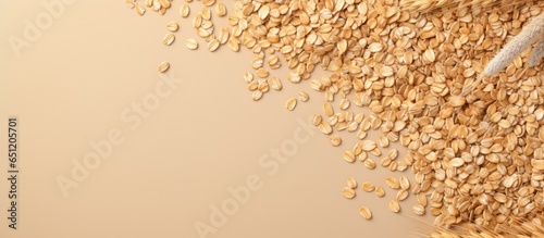 Dry organic multigrain flakes seen from above on a isolated pastel background Copy space