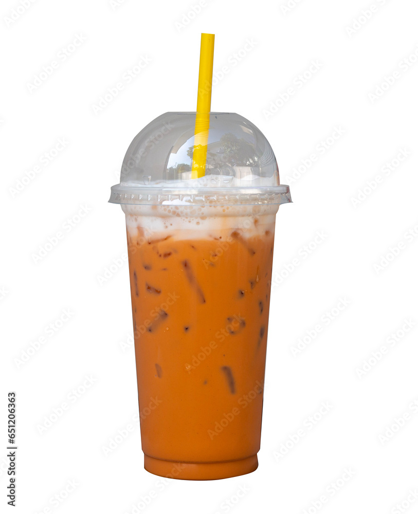 Iced thai tea on white background, plastic cup Iced thai tea on white background, plastic cup