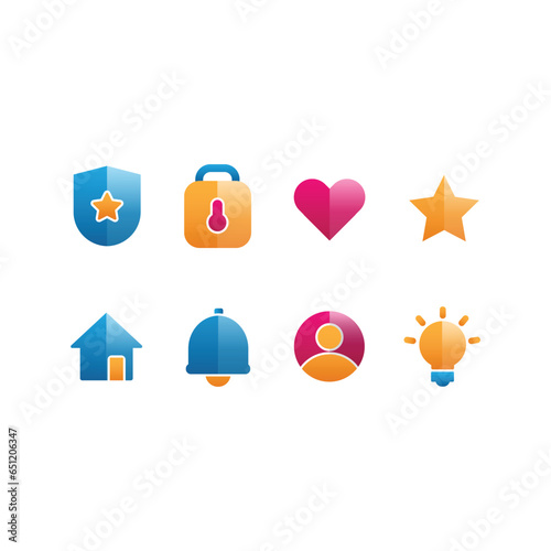 Set of colorful 3D gradient icons featuring security shield, locked padlock, heart symbol, star badge, home icon, notification bell, user profile, and light bulb idea icon. Modern glossy style, minima