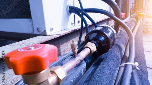 Instalallation power cable and refrigerant pipe line on the hvac unit industry.