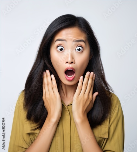 Asian woman with a shocked expression. Great for articles on lifestyle, comedy, shock, surprise, book covers and more. 