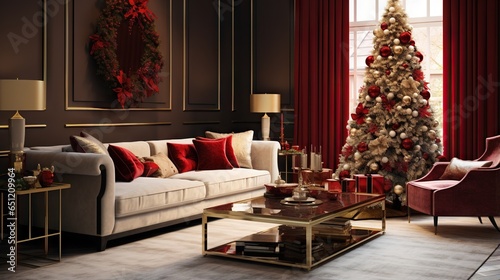  a living room decorated for christmas with a christmas tree in the corner.  generative ai photo