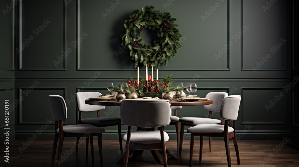 Fototapeta premium a dining room table with a wreath on the wall above it. generative ai
