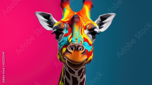 Colorful pop art jiraffe on blue and magenta background photo