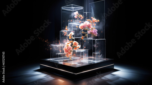 Abstract 3D Product Stage Podium with Transparent Mirror Cube filled with Some Nature Object photo