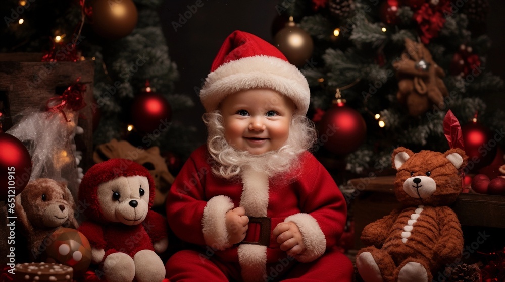 Toddler in Santa Claus costume in festive surrounding, generated with ai.