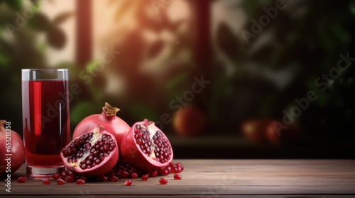 Pomegranate on wooden table with blur tree background for healthy food banner concept and agriculture. Generative Ai