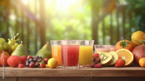 Fresh fruits and juices on wooden table with blur garden background for banner and agriculture. Generative Ai