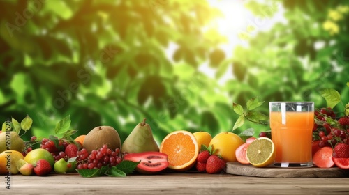 Fresh fruits and juices on wooden table with blur garden background for banner and agriculture. Generative Ai