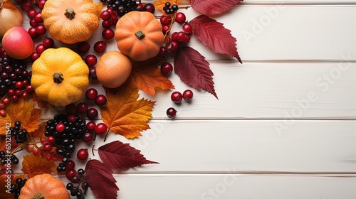 simple Flat lay autumn background from pumpkins  red berries and leaves on a white wooden table  right corner position  copy space