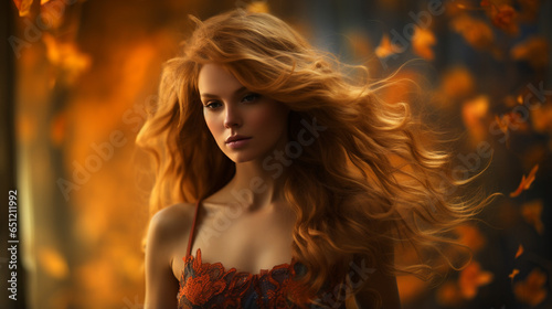 A fiery-haired muse dances against a canvas of autumn's embrace. Leaves of gold and crimson cradle her ethereal presence, a union of elegance and nature's vibrant palette.  photo