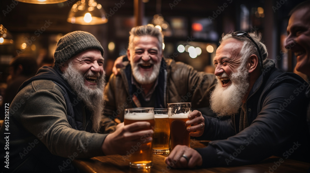 people, men, leisure, friendship and celebration concept - happy male friends drinking beer and clinking glasses at bar or pub.