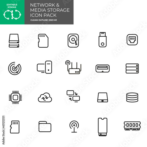 Network and digital media storage. Icon Pack. Editable stroke.