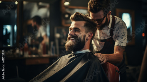 Barbershop concept. Profile side portrait of attractive severe brutal red bearded young guy. He has a perfect hairstyle, modern stylish haircut