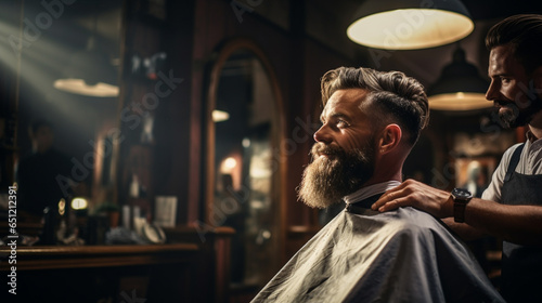 Barbershop concept. portrait of attractive severe brutal red bearded young guy. He has a perfect hairstyle, modern stylish haircut photo