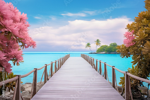 A wooden planks pier leading to a tropical island with  palm trees and a sandy beach.  The water is a bright blue and the sky is a light blue with white clouds. The image is framed by pink flowers. © Andrey
