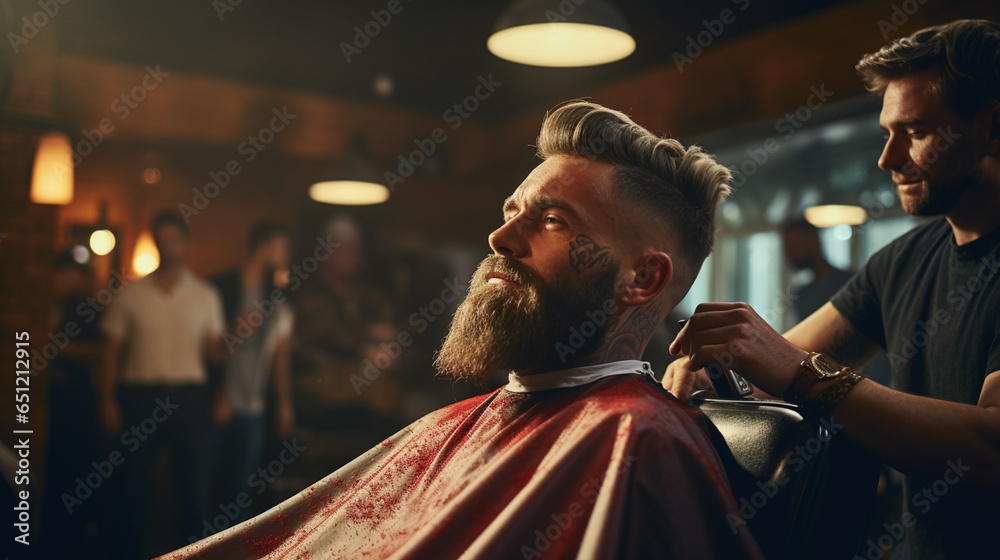Time for new haircut. Handsome young bearded man looking at his reflection in the mirror and keeping hand in hair while sitting in chair at barbershop Time for new haircut. Handsome young bearded man looking at his reflection in the mirror and keeping hand in hair while sitting in chair at barbershop