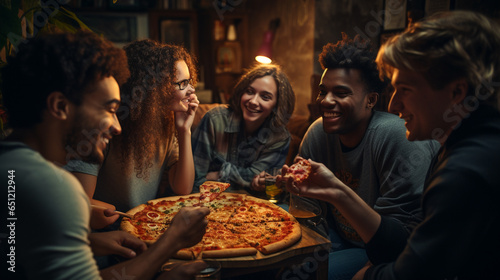 Cheerful multiracial friends having fun eating in pizzeria