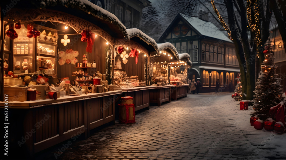 Beautiful christmas market in a snowy small town, generated with ai.