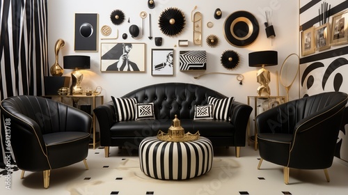 A living room filled with black and white furniture