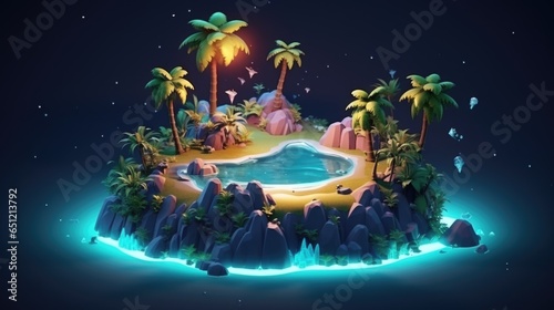 A small island with palm trees and a pool