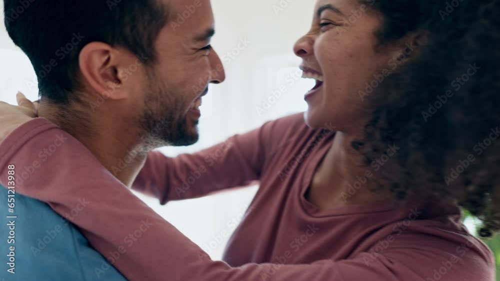 Couple, dance and home with laughing for happiness or smile in connection at apartment. Interracial people, love and listening to music in morning together to relax in hug, romance or partnership Couple, dance and home with laughing for happiness or smile in connection at apartment. Interracial people, love and listening to music in morning together to relax in hug, romance or partnership