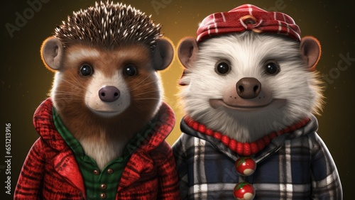 A couple of hedgehogs dressed up for christmas © Maria Starus